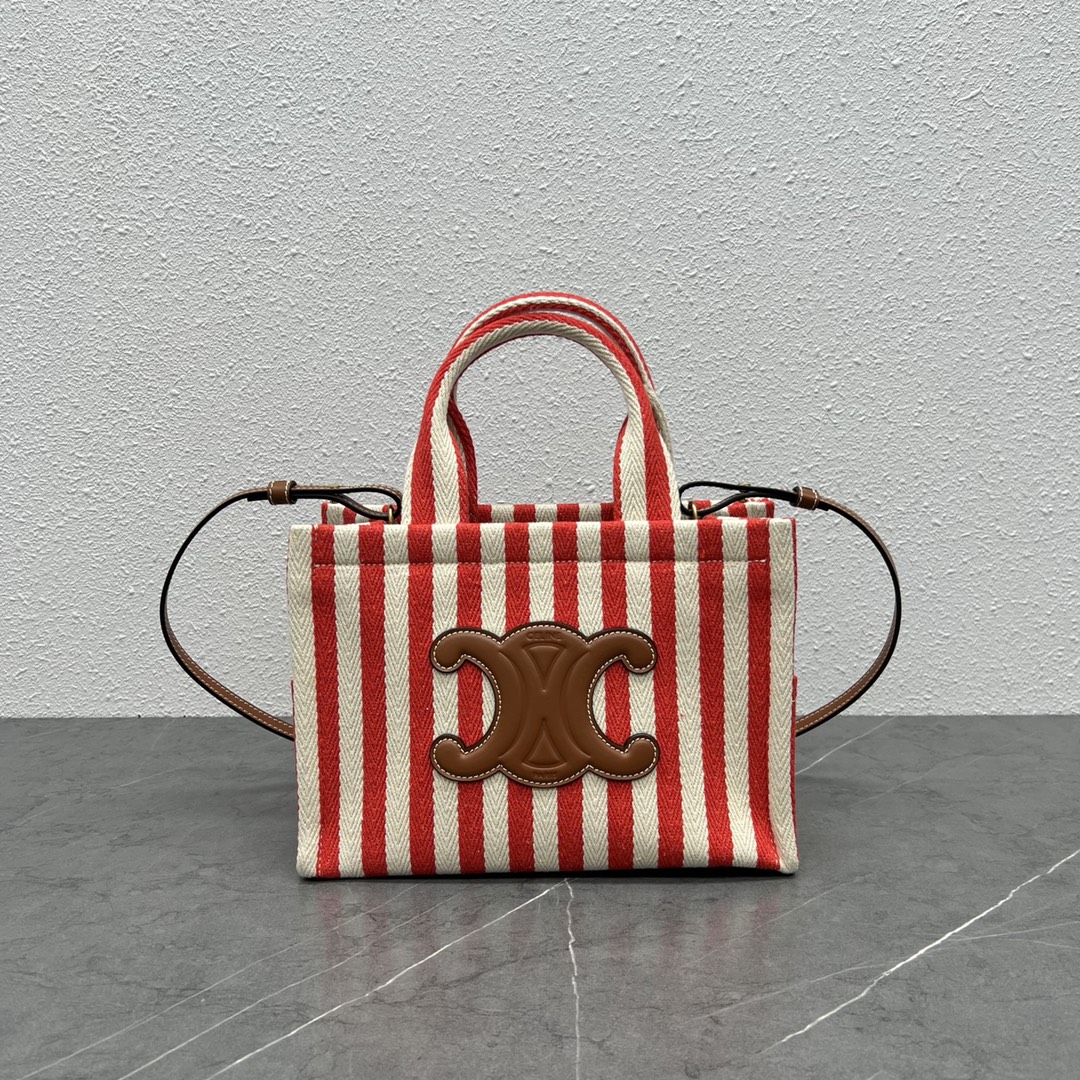 Celine Small Cabas Thais In Striped Textile And Calfskin White/Red 199162